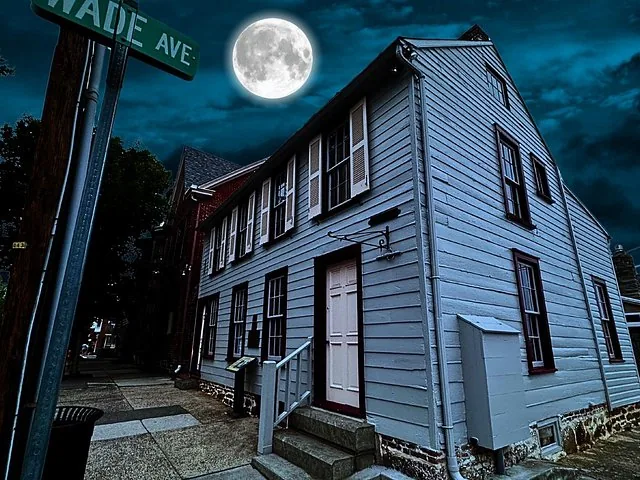 Vista exterior nocturna de la Casa de Jennie Wade con luna llena